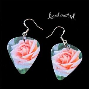 Hand Crafted Earrings Silver Plate Repurposed Guitar Picks Digital Photo Rose